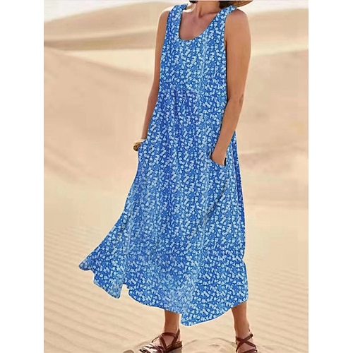 

Mujer Vestimenta casual Vestido de Columpio Vestido de Tanque floral ditsy Bolsillo Estampado Cuello Barco Vestido Midi Moda Ropa de calle Calle Diario Sin Mangas Holgado Crema Rosa Azul Piscina