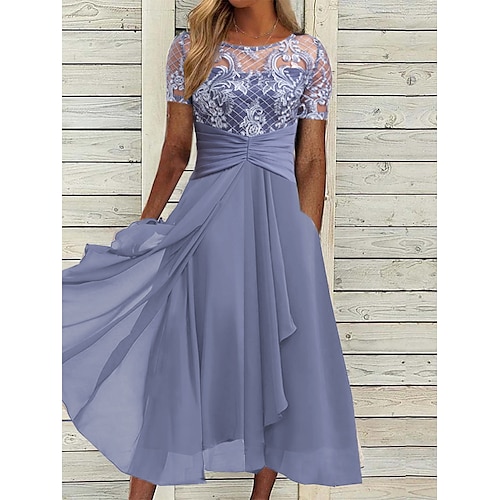 

Per donna Vestito da festa Abito di pizzo Abito da cocktail Vestito longuette Blu Manica corta Colore puro Pizzo Estate Primavera Autunno Girocollo Festa Invitati del matrimonio Da mare Vestito estivo