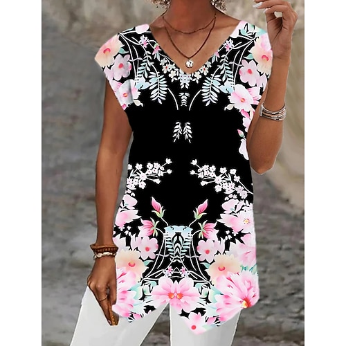 

Women's Tank Top Black White Red Floral Color Block Asymmetric Print Sleeveless Casual Holiday Basic V Neck Long Floral S