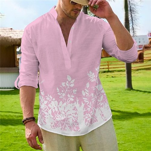 

Homme Chemise Chemise Lin Imprimés Photos Feuilles Mao Blanche Rose Claire Bleu Orange Extérieur Plein Air manche longue Imprimer Vêtement Tenue Lin Mode Vêtement de rue Design Décontractées