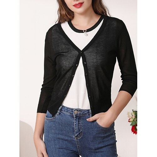 

Women's Cardigan Sweater Jumper Ribbed Knit Cropped Button Solid Color V Neck Stylish Basic Daily Going out Summer Spring Black White M L XL