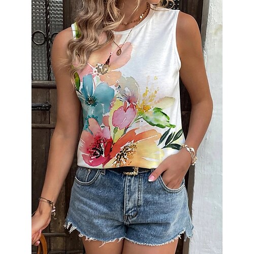 

Mujer Camiseta sin mangas Rojo tinto Rosa Azul Piscina Floral Abstracto Estampado Sin Mangas Casual Festivos Básico Escote Redondo Regular Flor S