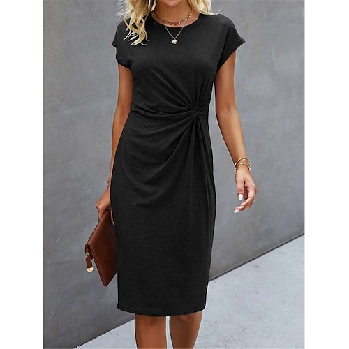 

Women's Black Dress Twist Front Fitted Crew Neck Midi Dress Basic Daily Date Short Sleeve Summer Spring