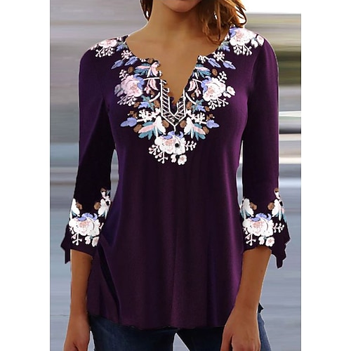 

Mujer Camisa Blusa Morado Violeta Graphic Botón Estampado Manga 3/4 Casual Básico Escote Redondo Regular S