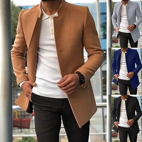 

Men's Winter Coat Overcoat Coat Trench Coat Business Casual Spring Fall Polyester Outerwear Clothing Apparel Streetwear Solid Color Patchwork Stand Collar Single Breasted