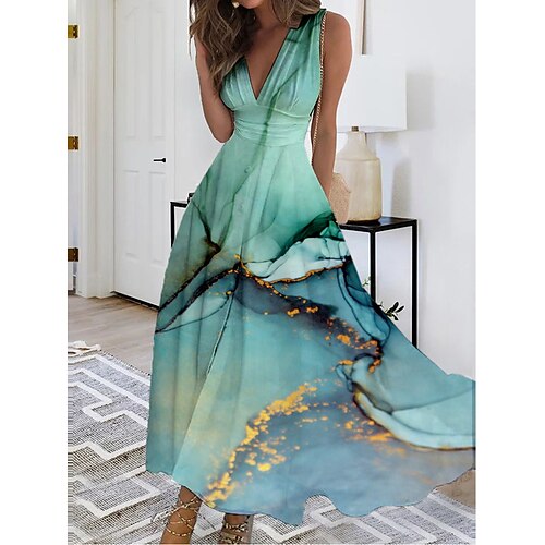 

Robe casual Robe Évasée Robe Trapèze Femme robe longue A Ombre Marbrure Mode Vêtement de rue Extérieur du quotidien Rendez-vous Imprimer Sans Manches Col V Robe Standard Rose Claire Bleu Vert Et