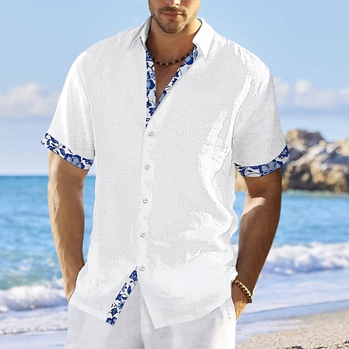 

Men's Shirt Linen Shirt Summer Shirt Beach Shirt White Pink Navy Blue Short Sleeve Floral Lapel Summer Casual Daily Clothing Apparel