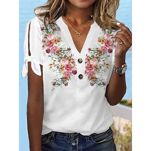 

T shirt Tee Femme Blanche Floral Découpé Imprimer Manche Courte Vacances Fin de semaine basique Col Rond Normal Standard Fleur Peinture S