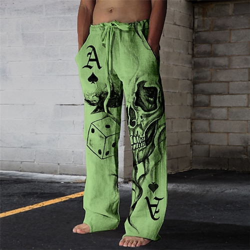 

Men's Trousers Summer Pants Beach Pants Drawstring Elastic Waist 3D Print Skull Graphic Prints Poker Comfort Casual Daily Holiday Streetwear Hawaiian White Green