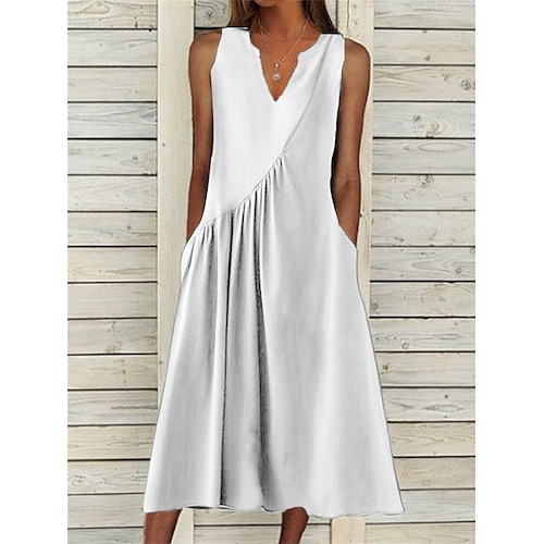 

Women's Casual Dress Cotton Linen Dress Swing Dress Midi Dress Cotton Blend Fashion Basic Outdoor Daily Vacation V Neck Ruched Pocket Sleeveless Summer Spring 2023 Loose Fit Black White Blue Plain S