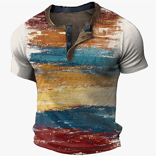 

Herren Waffel-Henley-Hemd Graphic Farbblock Henley Bekleidung 3D-Druck Outdoor Strasse Kurzarm Taste Modisch Designer Basic Brautkleider schlicht