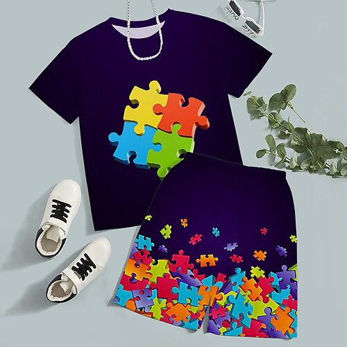 

2 Pieces Kids Boys T-shirt Shorts T-shirtSet Clothing Set Outfit Graphic Geometric Color Block Short Sleeve Crewneck Set Outdoor 3D prints Active Sports Fashion Summer Spring 3-13 Years Purple