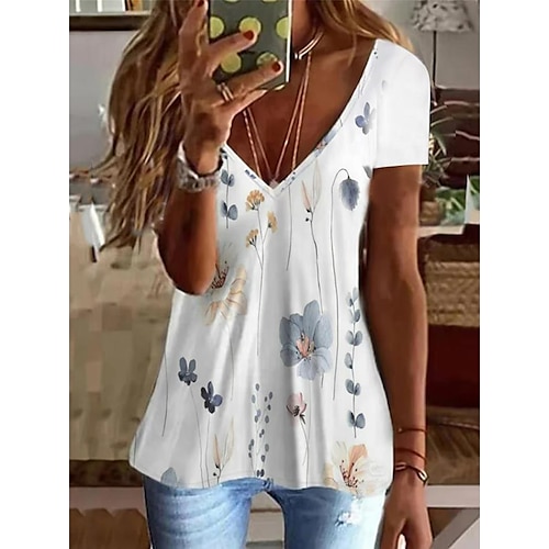 

Damen T Shirt Weiß Gelb Blumen Bedruckt Kurzarm Festtage Wochenende Tuniken Basic V Ausschnitt Standard Blume Farbe S