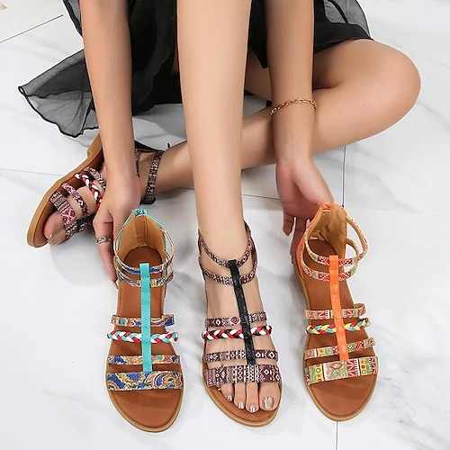 

Damen Sandalen Boho Flache Sandalen Übergrössen Outdoor Strand Niedriger Absatz Brautkleider schlicht Böhmen PU Reißverschluss Schwarz Blau Orange
