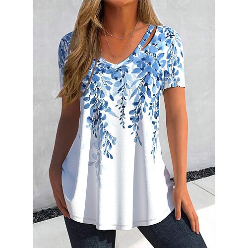 

Mulheres Camiseta Branco Azul Marinha Floral Imprimir Manga Curta Casual Feriado Básico Decote V Padrão Tema Flores S