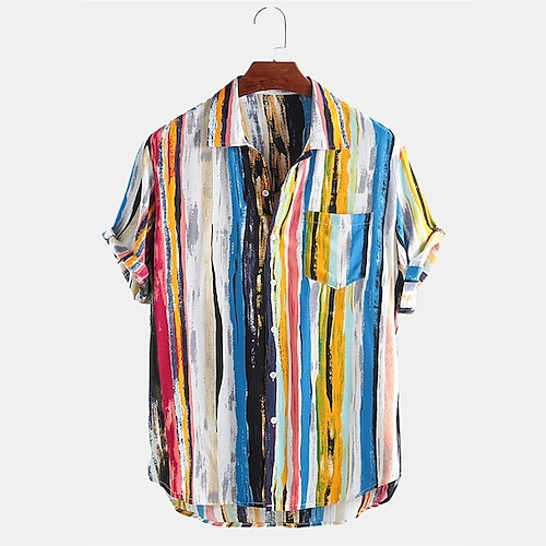 

Hombre Camisa camisa hawaiana A Rayas Estampados Cuello Vuelto Amarillo Rojo Azul Piscina Exterior Calle Mangas cortas Estampado Ropa Moda Design Casual Suave