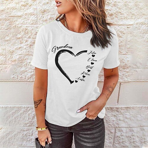 

Women's T shirt Tee Black White Yellow Heart Print Short Sleeve Valentine Weekend Basic Round Neck Regular Painting S