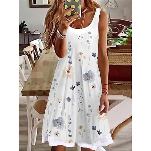 

Mujer Vestimenta casual Vestido de Tanque Vestido de verano Floral Geométrico falso de dos piezas Estampado Con Tirantes Mini vestido Activo Moda Exterior Diario Sin Mangas Holgado Blanco Azul Real