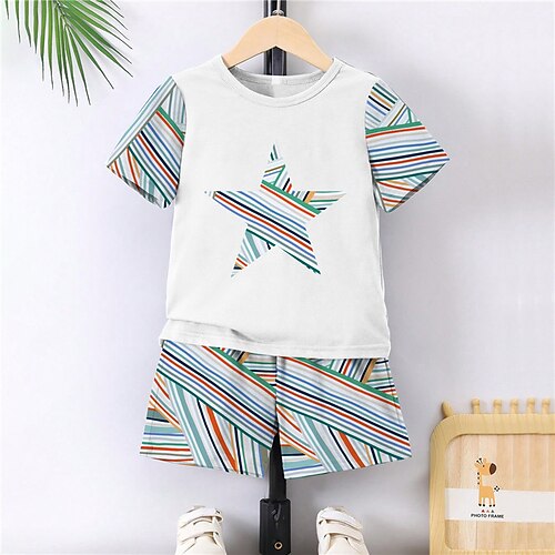 

2 Pièces T-shirt Short Ensemble tee-shirt Ensemble de Vêtements Tenues Enfants Garçon Géométrique Etoile marinière Manche Courte Col ras du cou Set Extérieur 3D effet Actif Sportif Mode Et