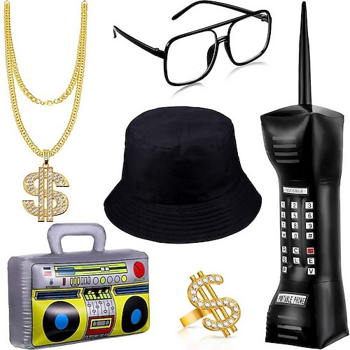 

80s 90s kit de disfraz de hip hop teléfono móvil inflable radio boom box signo de dólar collar anillo gafas de sol sombrero de cubo rapero accesorios para fiesta suministros de cosplay