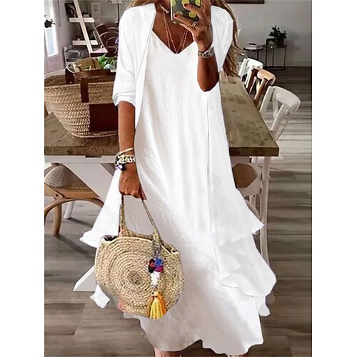 

Women's Plain Casual Dress Cotton Linen Dress Dress Set Maxi long Dress Cotton Blend Fashion Elegant Outdoor Daily V Neck Ruffle Layered 3/4 Length Sleeve Summer Dress Spring Fall 2023 Regular Fit