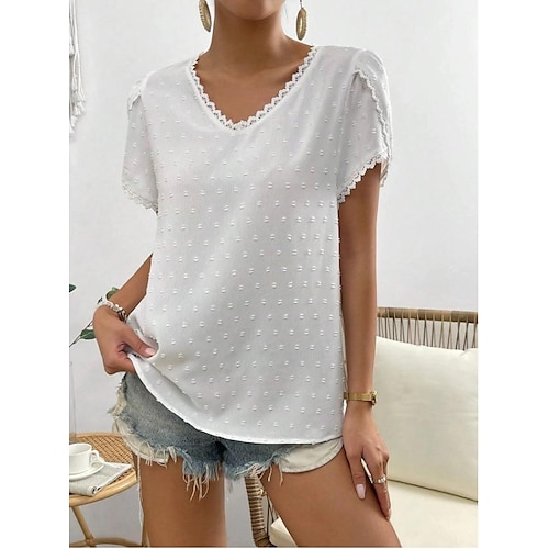 

Women's Shirt Blouse White Plain Lace Trims Short Sleeve Casual Basic V Neck Regular S