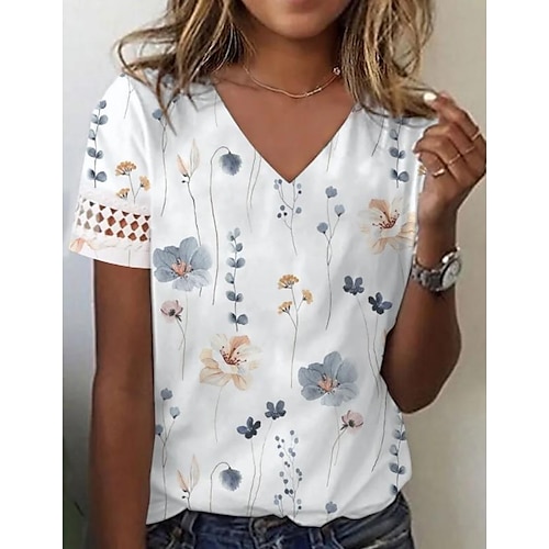 

Women's T shirt Tee White Floral Print Short Sleeve Holiday Weekend Basic V Neck Regular Floral Painting S