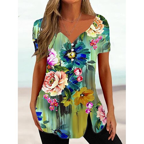 

Mulheres Camisa Social Blusa Preto Verde Claro Azul Floral Botão Imprimir Manga Curta Casual Feriado Básico Decote V Padrão Tema Flores S