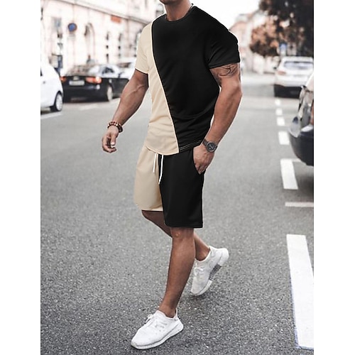 

Herren 2-teiliges Outfit Set aus T-Shirt und Shorts mit Kordelzug Farbblock Rundhalsausschnitt Casual Freizeitskleidung Kurzarm 2 teilig Bekleidung Modisch Sport Brautkleider schlicht