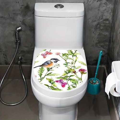 Bird And Butterfly Toilet Lid Sticker, Watercolor Toilet Lid Decals, Plastic Self-Adhesive Decorative Sticker