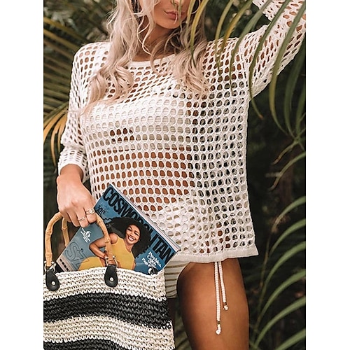 

Mujer Suéter de punto Puente Croché Tejer Agujero Color sólido Cuello Barco Elegante Sensual Diario Noche Verano Primavera Negro Blanco Tamaño Único