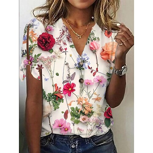 

Women's T shirt Tee Black White Red Graphic Floral Button Cut Out Short Sleeve Holiday Weekend Basic V Neck Regular Floral Painting S