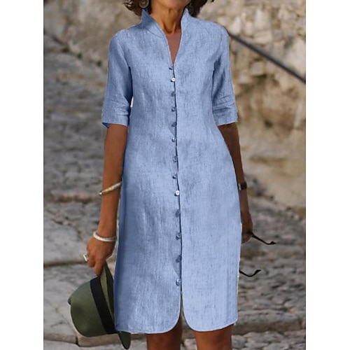 

Women's Shirt Dress Casual Dress Cotton Linen Dress Midi Dress Cotton Blend Basic Modern Outdoor Daily Vacation Stand Collar Button Half Sleeve Summer Spring Fall 2023 Loose Fit Blue Plain S M L XL