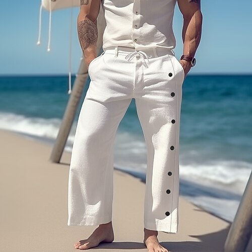 

Men's Linen Pants Trousers Summer Pants Beach Pants Drawstring Wide Leg Side Button Plain Comfort Breathable Casual Daily Holiday Linen / Cotton Blend Fashion Classic Style Black White