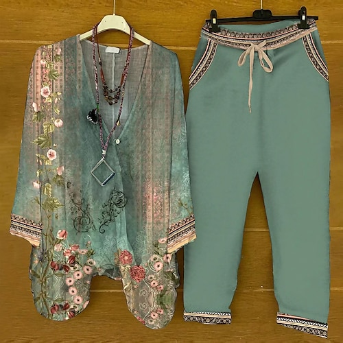 

Women's Shirt Pants Sets Pants Trousers Basic White Green Casual Holiday Floral Print V Neck S M L XL 2XL