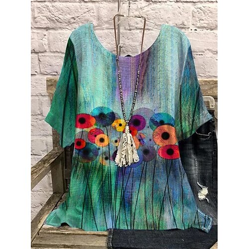 

T shirt Tee Femme Vert Floral Imprimer Manche Courte Vacances Fin de semaine basique Col Rond Normal Standard Fleur Peinture S