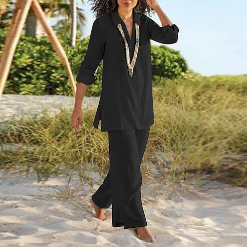 

Women's Pants Sets Plain Casual Daily Black Long Sleeve Elegant Vintage Fashion V Neck Summer Spring