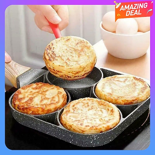 

4-Hole Non-Stick Fry Pan with Wooden Handle - Perfect for Eggs, Pancakes, Burgers & More!
