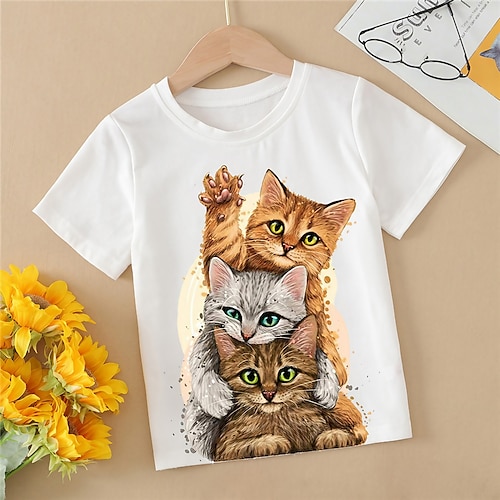 

Mädchen T-Shirt Kurzarm T-Shirt Graphic Karikatur Katze 3D-Druck Aktiv Modisch Kuschelig 100% Baumwolle Outdoor Casual Täglich kinderkleidung Rundhalsausschnitt 3-12 Jahre 3D-gedruckte Grafik Regular