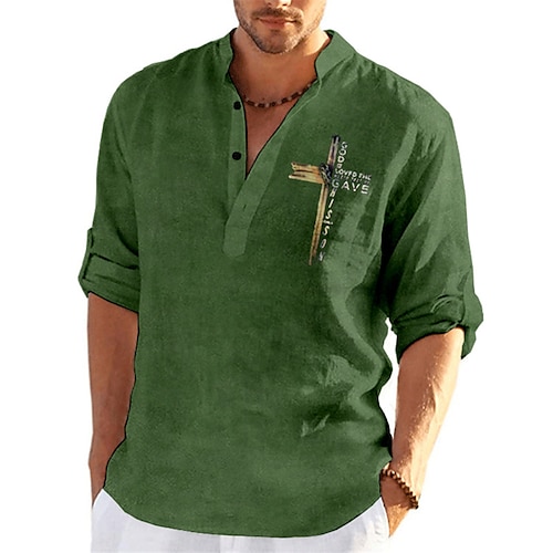 

Homme Chemise Chemise Lin Lettre Imprimés Photos Croix Mao Bleu Violet Vert Kaki Gris Extérieur Plein Air manche longue Imprimer Vêtement Tenue Lin Mode Vêtement de rue Design Décontractées