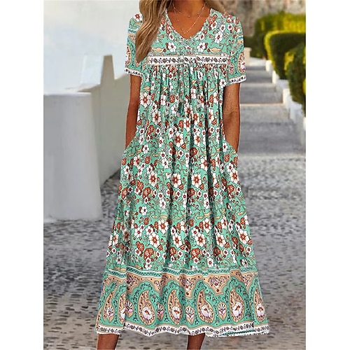 

Tenue décontractée Robe d'été Robe imprimée Femme Cachemire Petites fleurs Poche Imprimer Col V Actif Mode Extérieur du quotidien Manche Courte Standard Vert Eté Printemps S M L XL XXL