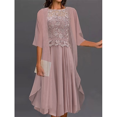 

Women's Two Piece Dress Set Casual Dress Lace Dress Outdoor Daily Fashion Elegant Lace Embroidered Midi Dress Crew Neck 3/4 Length Sleeve Floral Regular Fit Pink Summer Spring S M L XL XXL