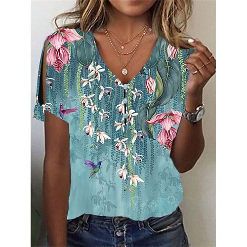 

Women's T shirt Tee Black Red Blue Floral Button Cut Out Short Sleeve Holiday Weekend Basic V Neck Regular Floral Painting S