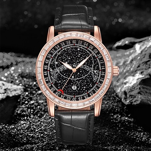

Mode hommes montre à quartz cadran étoilé or rose baguette diamant luxe sport analogique montre à quartz pour hommes femmes étanche lumineux bracelet en cuir montre