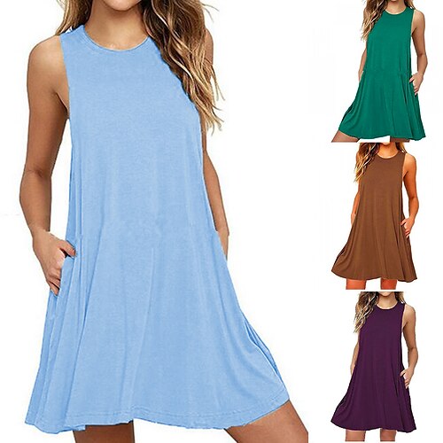 Γυναικεία Καθημερινό φόρεμα Φόρεμα για τον ήλιο Αμάνικο φόρεμα Μίνι φόρεμα Ουρανί Βυσσινί Καφέ Αμάνικο Μονόχρωμες Τσέπη Καλοκαίρι Άνοιξη Στρογγυλή Ψηλή Λαιμόκοψη καυτό Διακοπές Καλοκαιρινό φόρεμα 2023