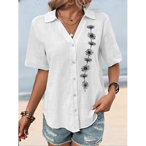 

Mulheres Camisa Social Blusa Branco Floral Botão Imprimir Manga Curta Casual Feriado Básico Colarinho de Camisa Padrão Tema Flores S