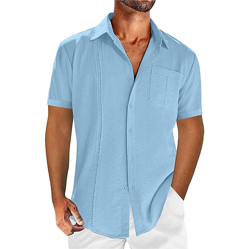 

Men's Shirt Guayabera Shirt Linen Shirt Button Up Shirt Summer Shirt Beach Shirt Black White Navy Blue Short Sleeve Plain Lapel Summer Casual Daily Clothing Apparel Front Pocket