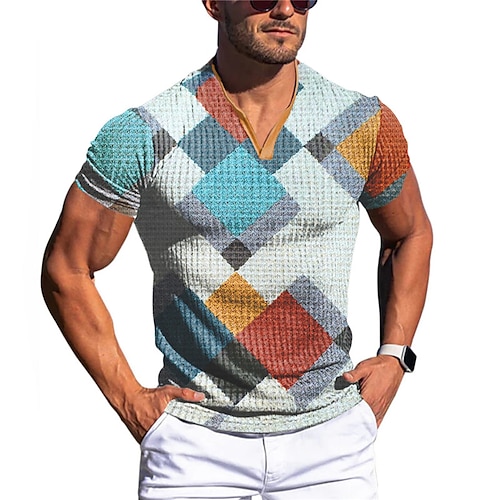 

Homens Camiseta Waffle Gráfico Bloco de cor Geométrico Decote V Roupa Impressão 3D Ao ar livre Diário Manga Curta Moda Designer Básico