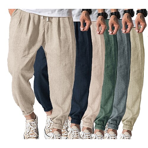 

Men's Joggers Linen Pants Trousers Summer Pants Drawstring Elastic Waist Plain Comfort Breathable Daily Beach Linen / Cotton Blend Fashion Streetwear turmeric Black Micro-elastic