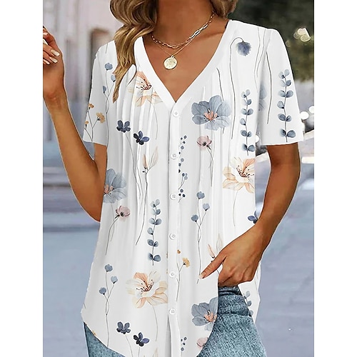 

Mujer Camisa Blusa Blanco Azul Piscina Morado Floral Estampado Manga Corta Casual Festivos Básico Escote en Pico Largo Flor S